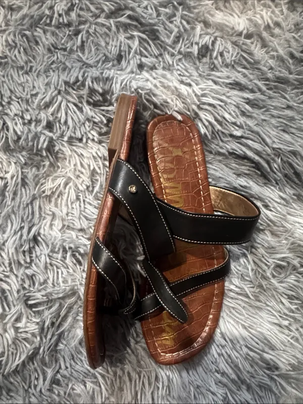 Sam Edelman Black Strappy Slide Sandals with Brown Croc-Embossed Footbed - Image 2