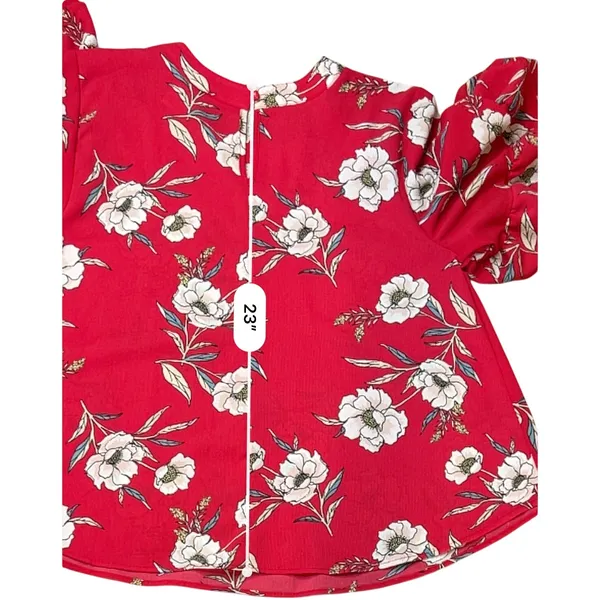 URBAN Romantics Red Floral Swing Blouse LARGE‎ Keyhole Neck Ruffle Sleeves NWOT - Image 7