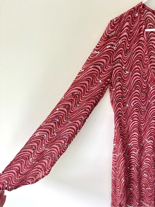 Zara Pink Sequins Beaded Swirl Printed Midi Dress Sheer Deep V Neck Tie Front - Image 8