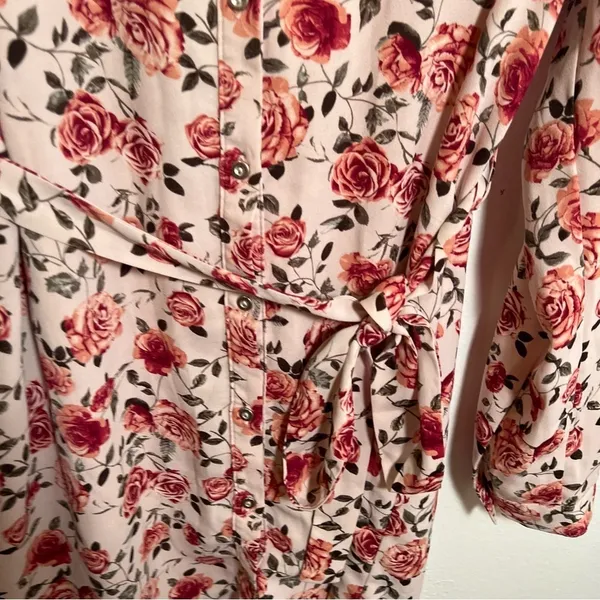 Women's‎ Button Down Shirt Dress Light Pink Rose Floral Belted Long Sleeve Roll - Image 5