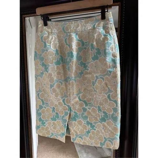 Antonio Melanie Pencil Skirt Women's Size 0 Teal Gold Floral Brocade - Image 5