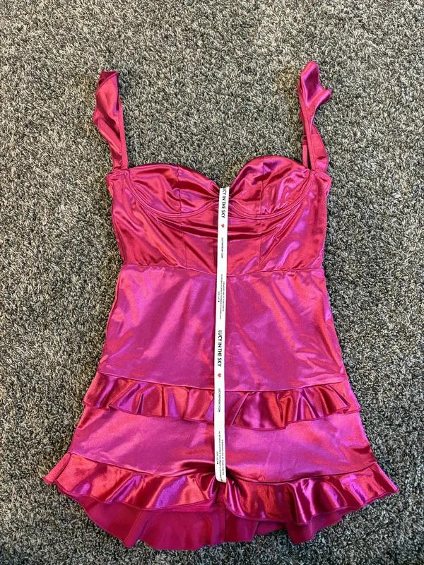 Lucy in the Sky Satin Ruffle Bodycon Dress in Magenta - Image 3