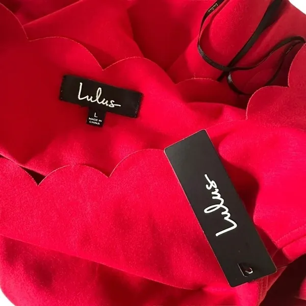 Lulus Red Scalloped Mini Skater Dress Womens L Stretch Knit Flared Fit & Flare - Image 8