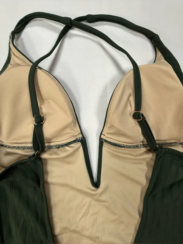 Shade & Shore Dark Green Ribbed One-Piece Swimsuit - Image 9