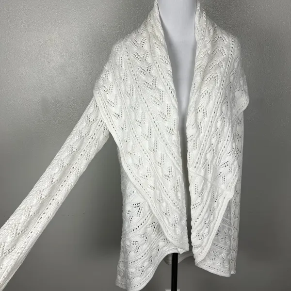 CAbi Cardigan Sweater Large Ivory Cotton Open Knit Crochet Draped Preppy Boho L‎ - Image 4