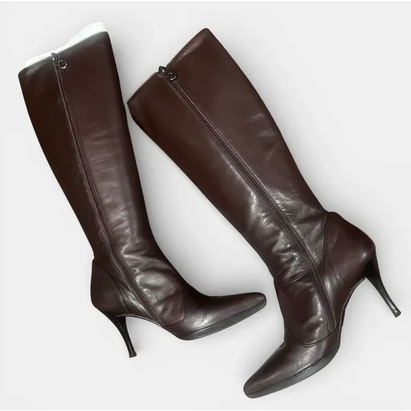 Salvatore Ferragamo Vintage Brown Leather Knee High Stiletto Boots Made Italy US 7 - Image 9