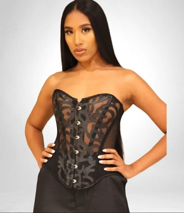 Black ornate leatherette design vintage steam punk style corset with mesh back - Image 2