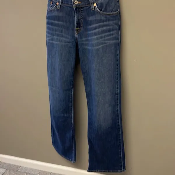 Lucky Brand Medium Blue Distressed 5- Pocket Mid-Rise Flare Jeans-Size 32/14 - Image 2