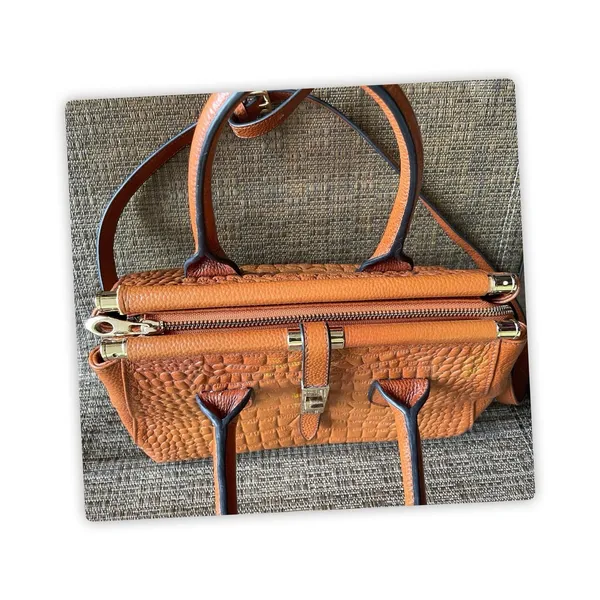 Brown Croc Embossed Satchel Handbag Crossbody Tote Purse Structured Bag - Image 5