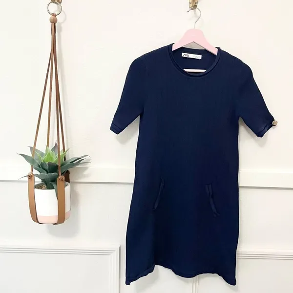 Zara Knit Navy Blue Mini Dress with Gold Buttons L 90s Minimalist Quiet Luxury - Image 3