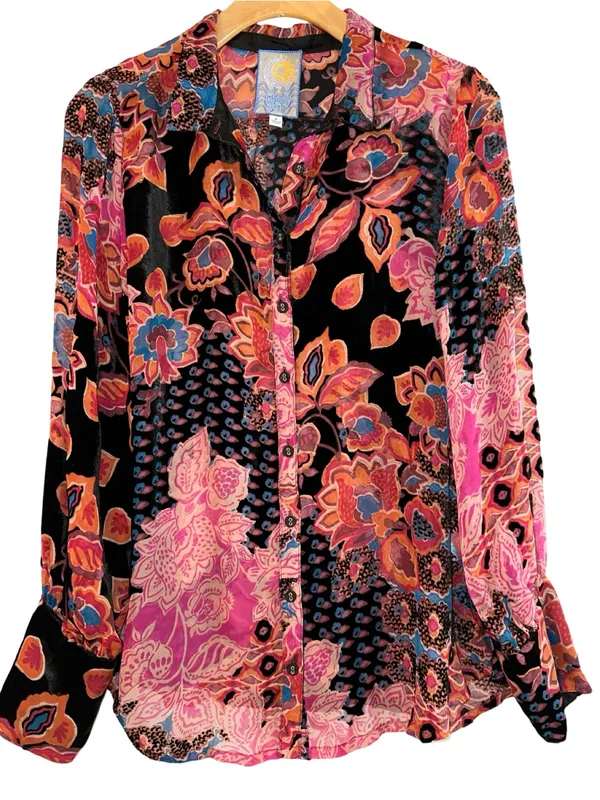 Johnny Was Size M Yrene Alvarado Burnout Velvet Floral Long Sleeve Shirt Blouse - Image 5