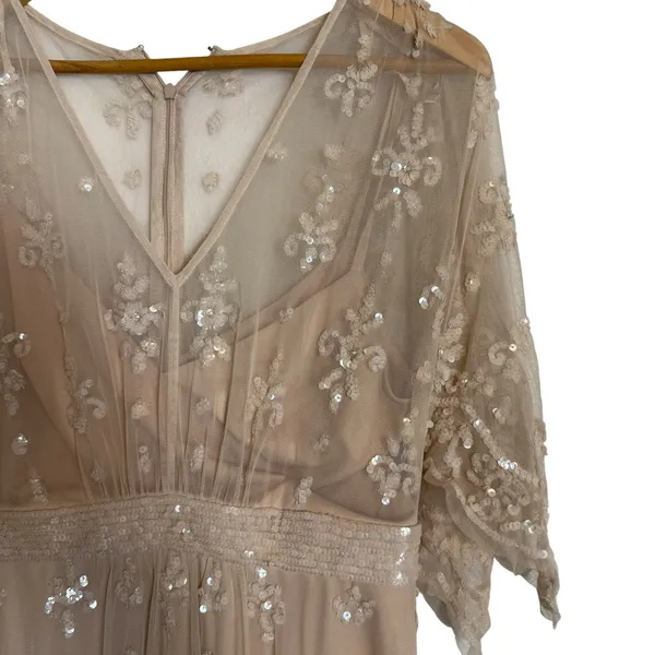 Mac Duggal Blush Pink V Neck Flounce Sleeve Embellished Mesh Gown Size 8 - Image 7