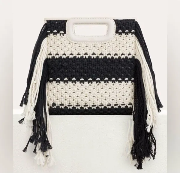 Maje M Bag in Leather and Bicolor Knit Black White Stripe Satchel NWT - Image 2