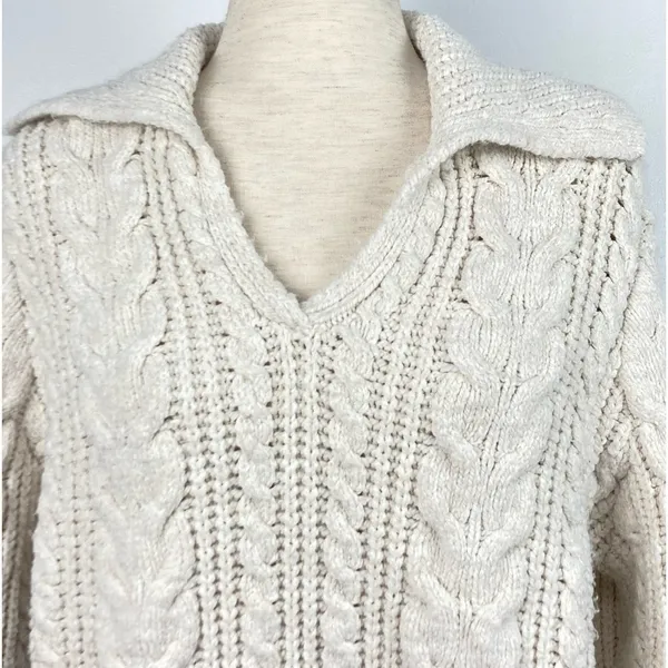ZARA Cable Knit V-Neck Pullover Sweater with Collar - Image 4