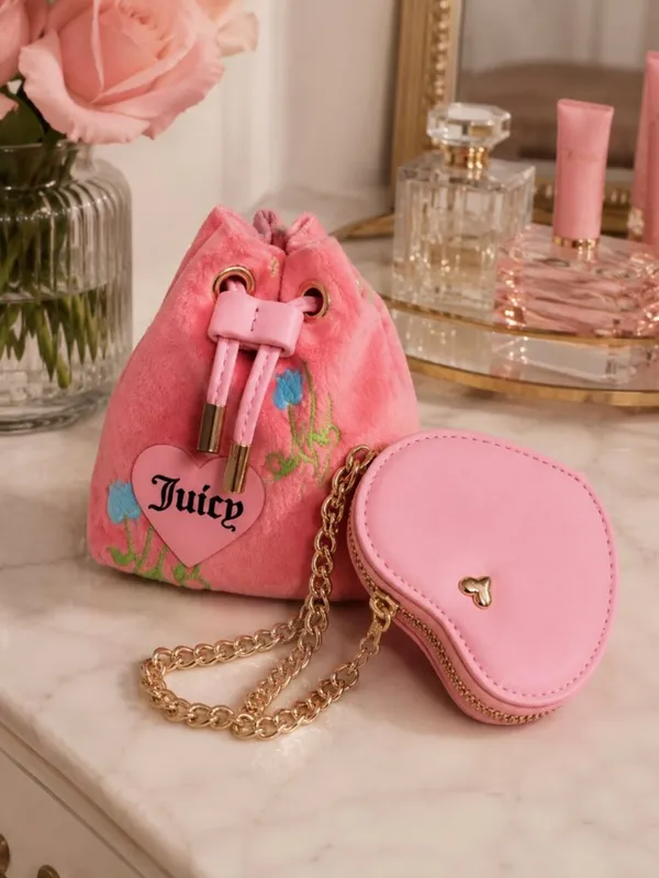 Juicy Couture Cherry Micro Bag Heart Coin Purse Charm Set Pink NWT - Image 3