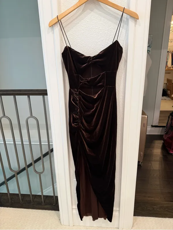 Nookie Chocolate Brown Velvet Cutout Ruched Maxi Dress Size M - Image 2
