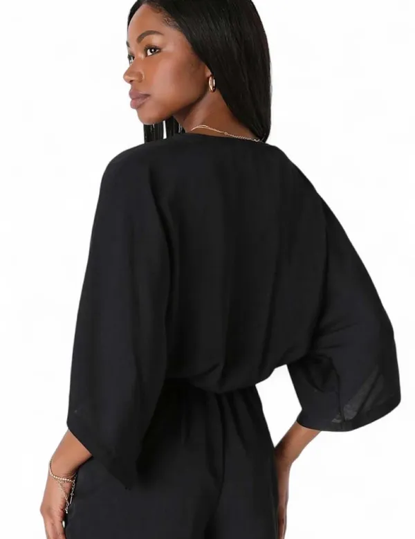 Lulus Pants Sz M V-Neck Romper with Waist Tie Wrap Front Dolman Sleeves Sexy - Image 2