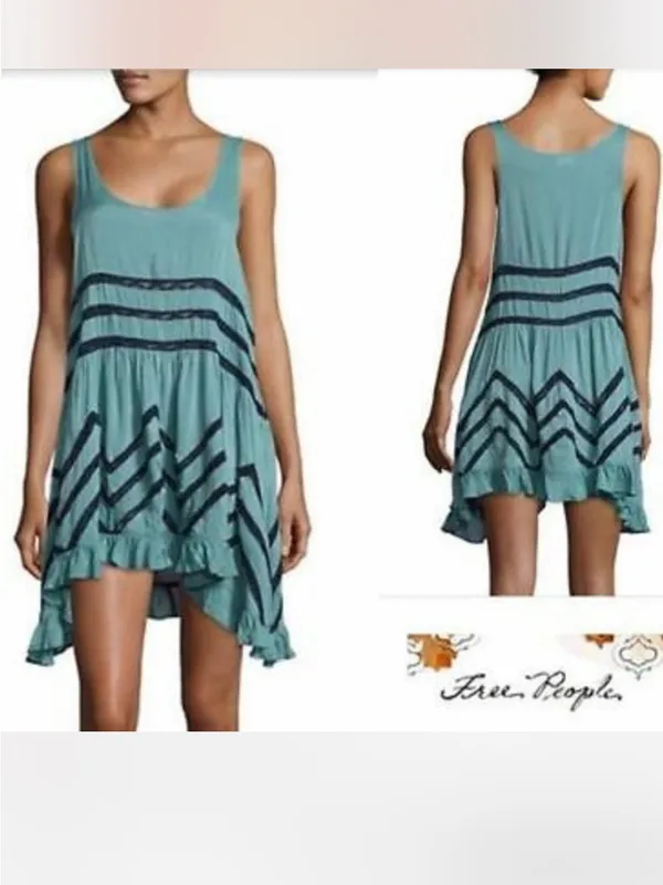 Free People Trapeze Tank Dress Size XS Teal & Navy Beachy Boho Retro Summer - Image 4