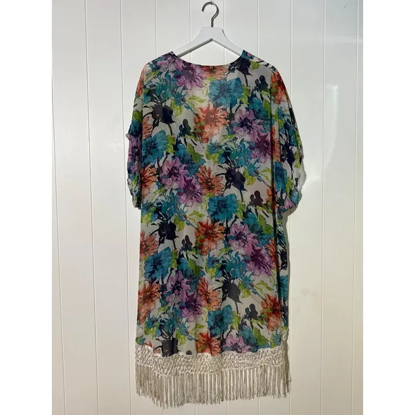 Floral Kimono Cover-Up With Fringe Hem & Tie Closure Multiple Colors M/L - Image 5