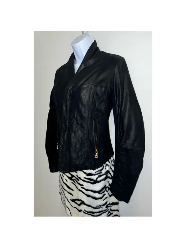 Women’s AQUA Black Leather Jacket MOTO Small - Image 3