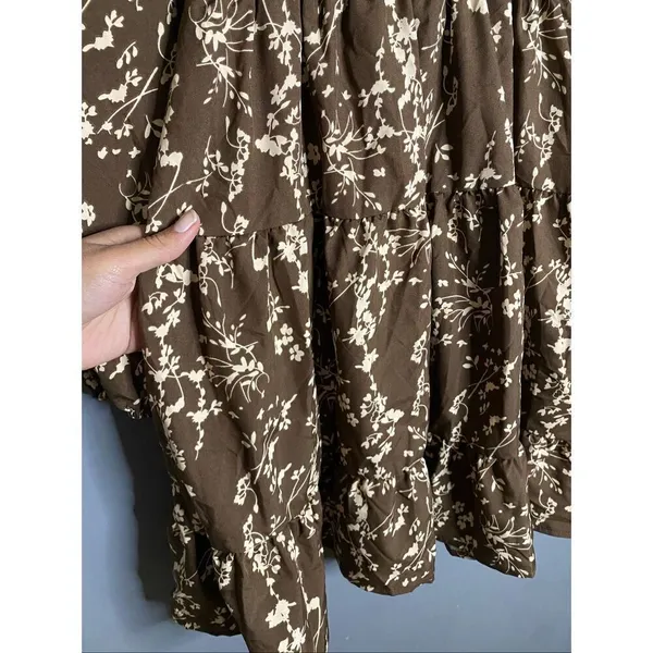 Hapsho Brown Floral Elastic Sleeve Dress Size Medium NWOT - Image 4