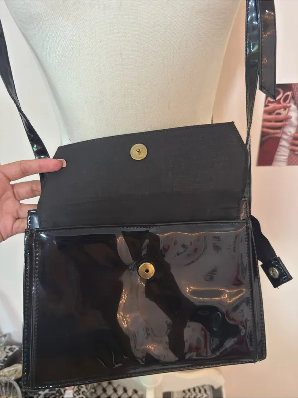 Patent Black Shoulder Bag with Gold Accent - Image 4