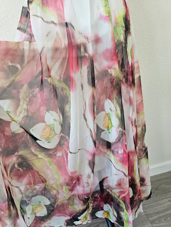 NWT Watercolor Floral Lotus Chiffon Maxi Skirt Size S Pink Green Sheer Layered - Image 2