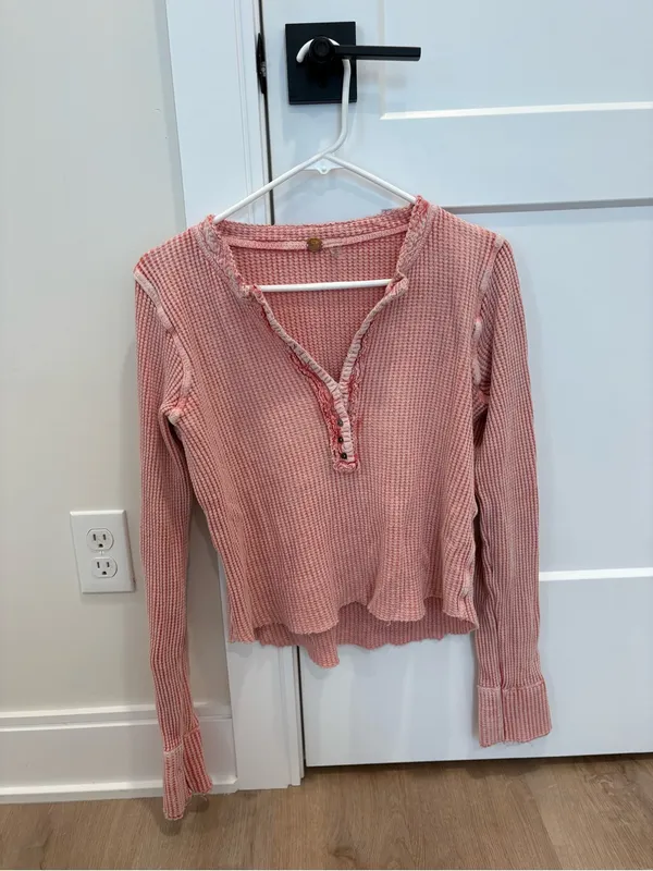 Free People One Colt Thermal Waffle Knit Henley Top Size Medium 100% Cotton - Image 2