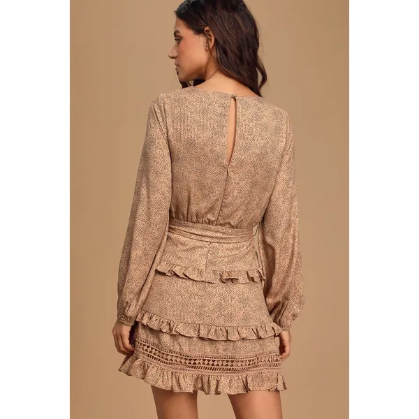 Lulu’s Kiss Me Goodnight Tan Polka Dot Ruffled Long Sleeve Mini Dress - Image 3