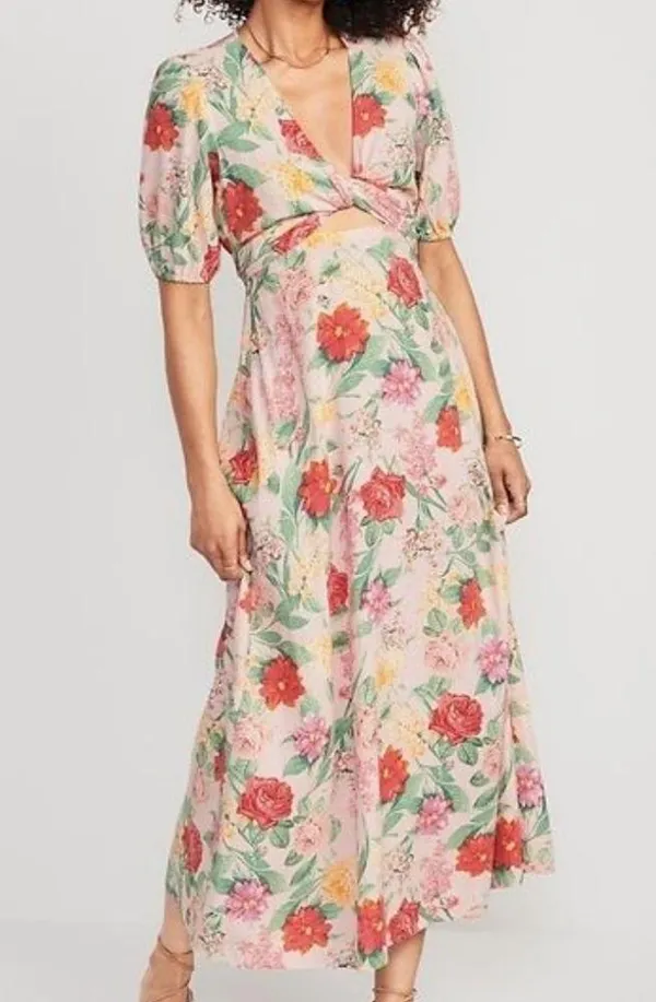 Old Navy Fit and Flare floral Linen Blend twist- Front Maxi Dress size Medium by … - Image 2