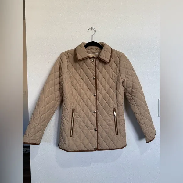 Michael Kors Quilted Jacket Tan Brown Trim Gold Zip Snap Coat Small - Image 2