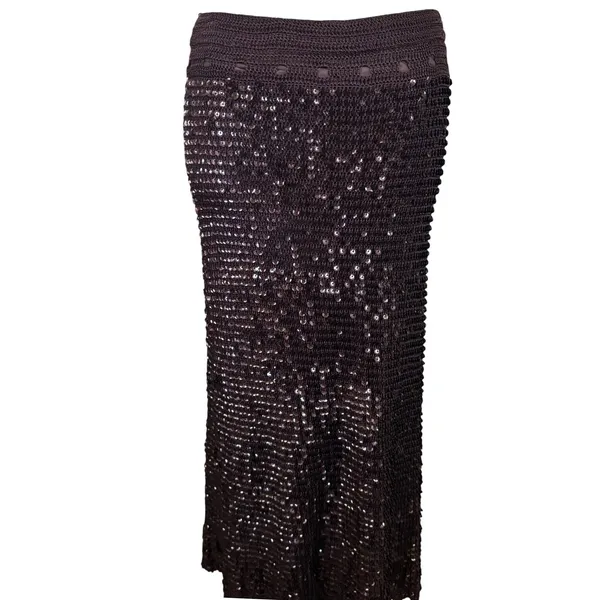 Vtg Chetta B Sequin Crochet Knit 2 Piece Skirt Set Sz M/L Dark Brown 90s Glam - Image 2