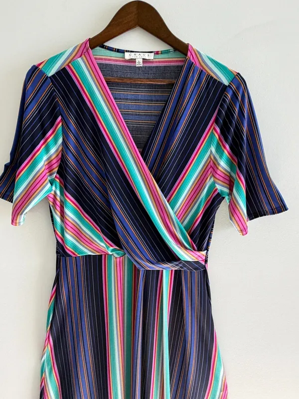 Chaus Women Striped Faux Wrap Midi Dress Large Multi Color Retro Preppy Top - Image 6