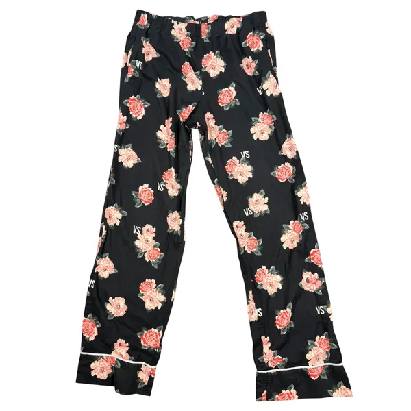 Victoria's Secret Pajama Pants Womens Medium Black Floral Rose VS Lounge Cotton - Image 2