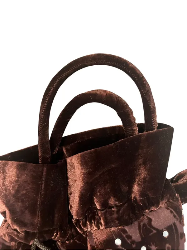 Rich Brown Velvet Drawstring Bucket Bag Ornate Tonal Paisley Rhinestones - Image 9