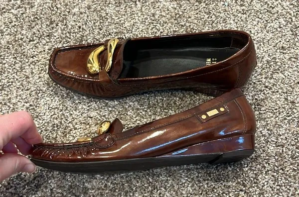 Stuart Weitzman Brown Loafers with Golden Buckles Size 6.5 - Image 2