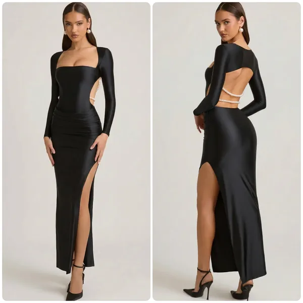Oh Polly Quintessa Pearl-Detail Cut Out Open Back Maxi Dress Black Size 10 - Image 2