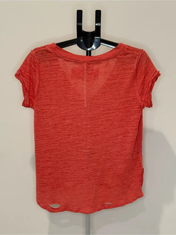We The Free Free People Distressed V-Neck Tee Coral Red XS - Image 5
