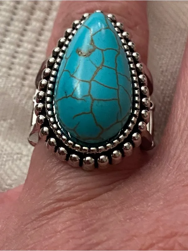Finger Ring Faux Turquoise Teardrop Stone Silver Tone Elastic Band 7 8 Western - Image 3