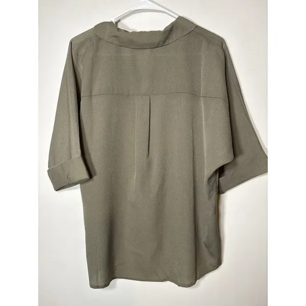 BEFORE YOU Short Sleeve V-Neck Collared Blouse‎ Olive Green NWT Lagenlook Medium - Image 4