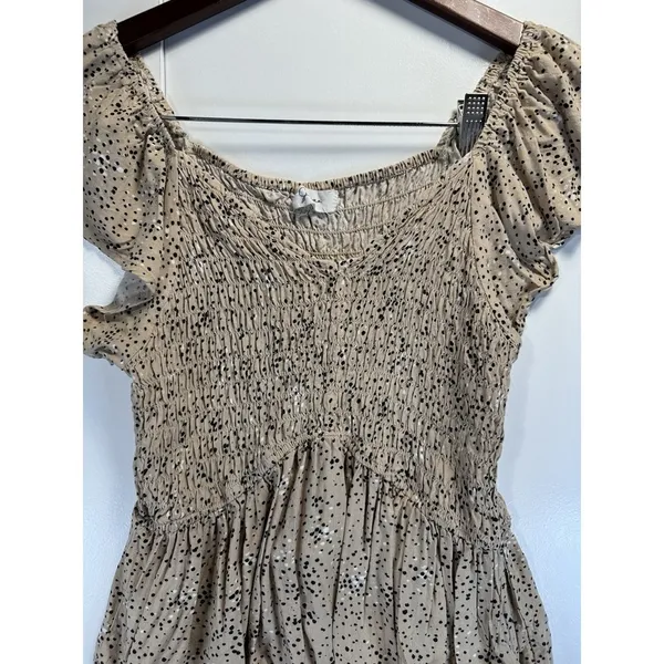 Japna‎ Ruffled Sleeve Smocked Peplum Top, Beige and Black Polka Dot, Square Neck - Image 4