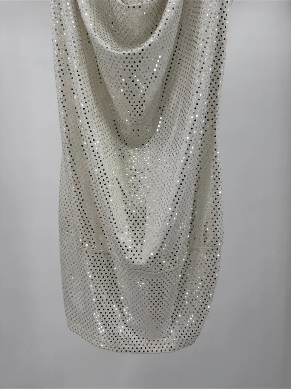 Lipstick Silver Sequin White Sleeveless banded Top ring detail L draped neck Y2K - Image 11