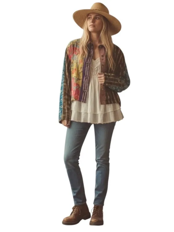 Yvonne Agaro Collections Multicolor Patchwork Cropped button down shirt Jacket Green Size L - Image 3
