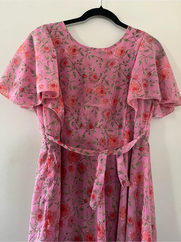 Pink Floral Flutter Sleeve Midi Dress 8 Cottagecore Feminine Church Modest - Image 6