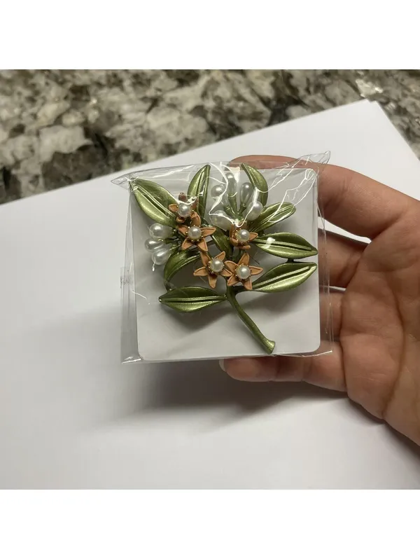 Large Costume Brooch Pin - Green / Pink Flower - Image 2