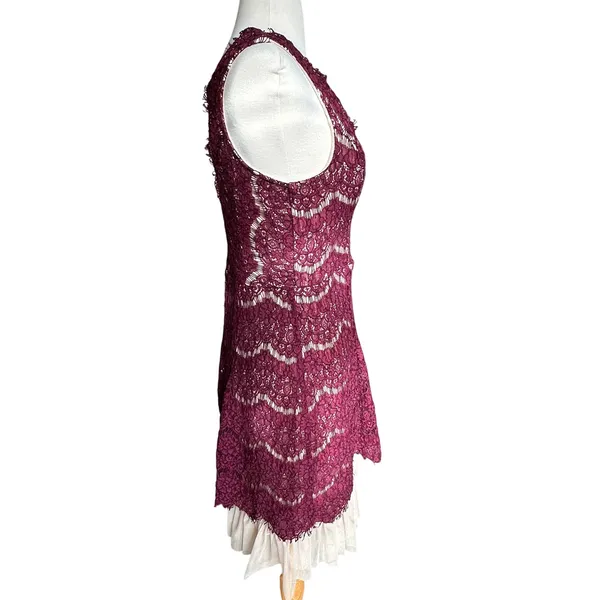 Trixxi Burgundy Lace Fit Flare Mini Dress XL V-Neck Eyelash‎ Lace Tulle Hem - Image 5