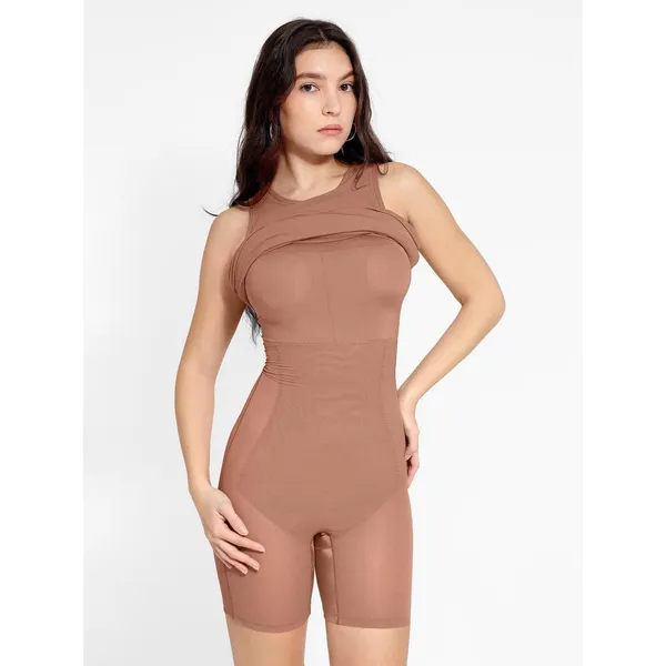 Popilush Built-In Shapewear Ribbed Slip Dress Mauve Pink Sleeveless Midi Large - Image 2
