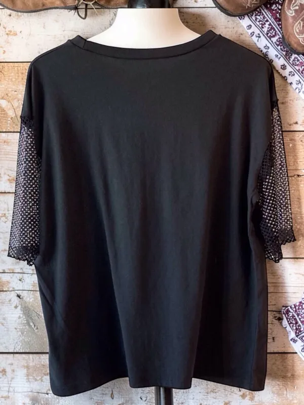 Black Western Rhinestone Graphic Top Metal Mesh Sleeves Country Medium - Image 9