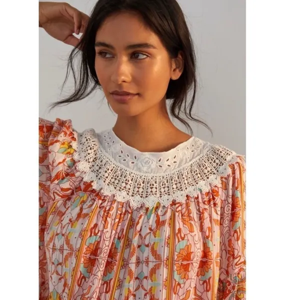 Anthropologie Lounge Dress Florence Floral Lace XS Boho Tiered Puff Sleeve - Image 3