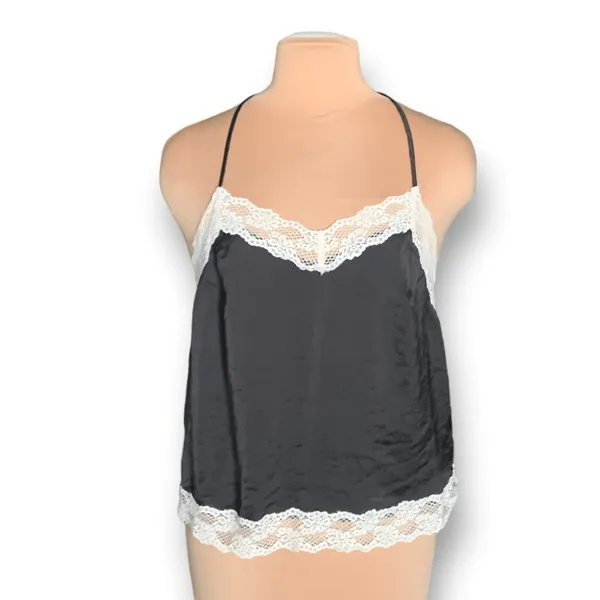 FT Black Satin Camisole Ivory Lace‎ Trim Adjustable Spaghetti Strap Large Top - Image 11